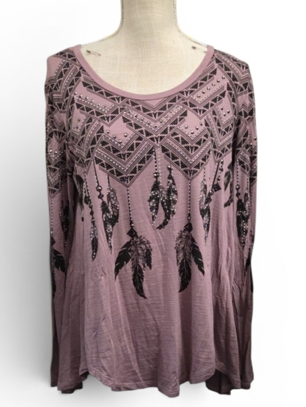 NWT Voice Of California Mauve Long-Sleeve Feather Print Rhinestone Top